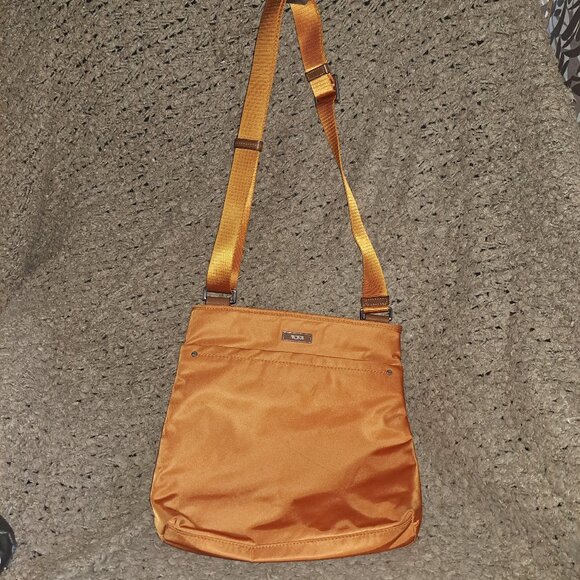 TUMI-VOYAGER-Crossbody-Orange-Silver Metal Accents Nylon Purse Satchel Bag-VG - Picture 1 of 9